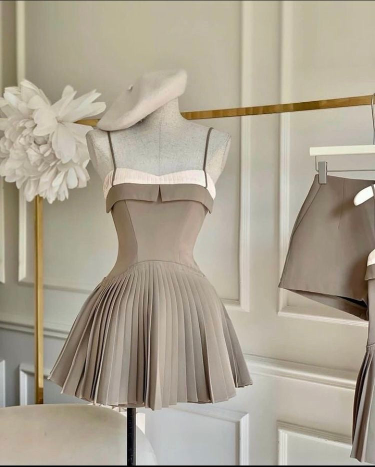 Sling Waist-tight Commuter Stitching Pleated A- Line Dress